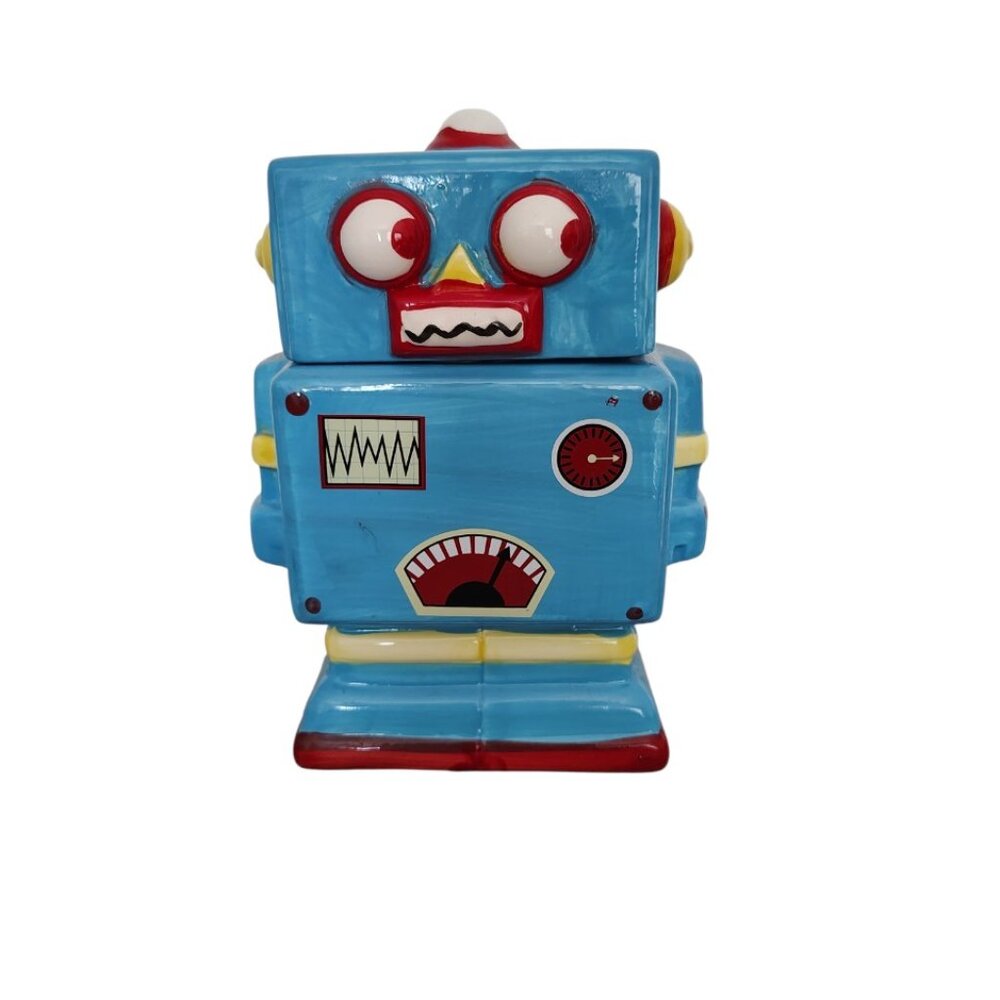 VINTAGE BLUE ROBOT DROID CERAMIC COOKIE JAR